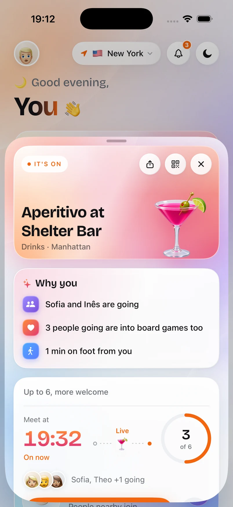 A plan's page with a Why you card listing friends going and shared interests.