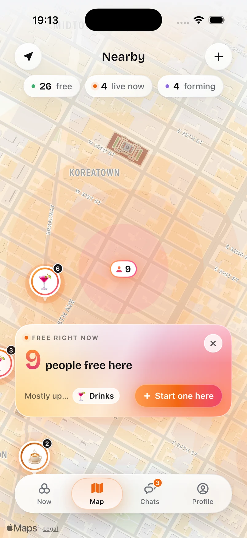 The map with warm patches where people are free and a card saying nine people are free here.