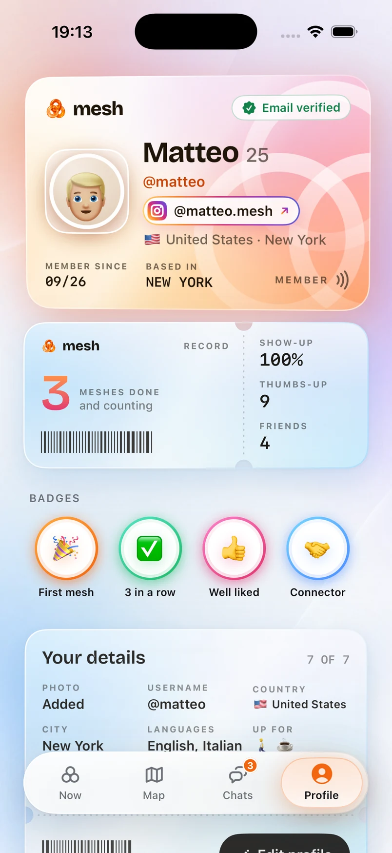 A mesh profile card with a show-up record and badges.