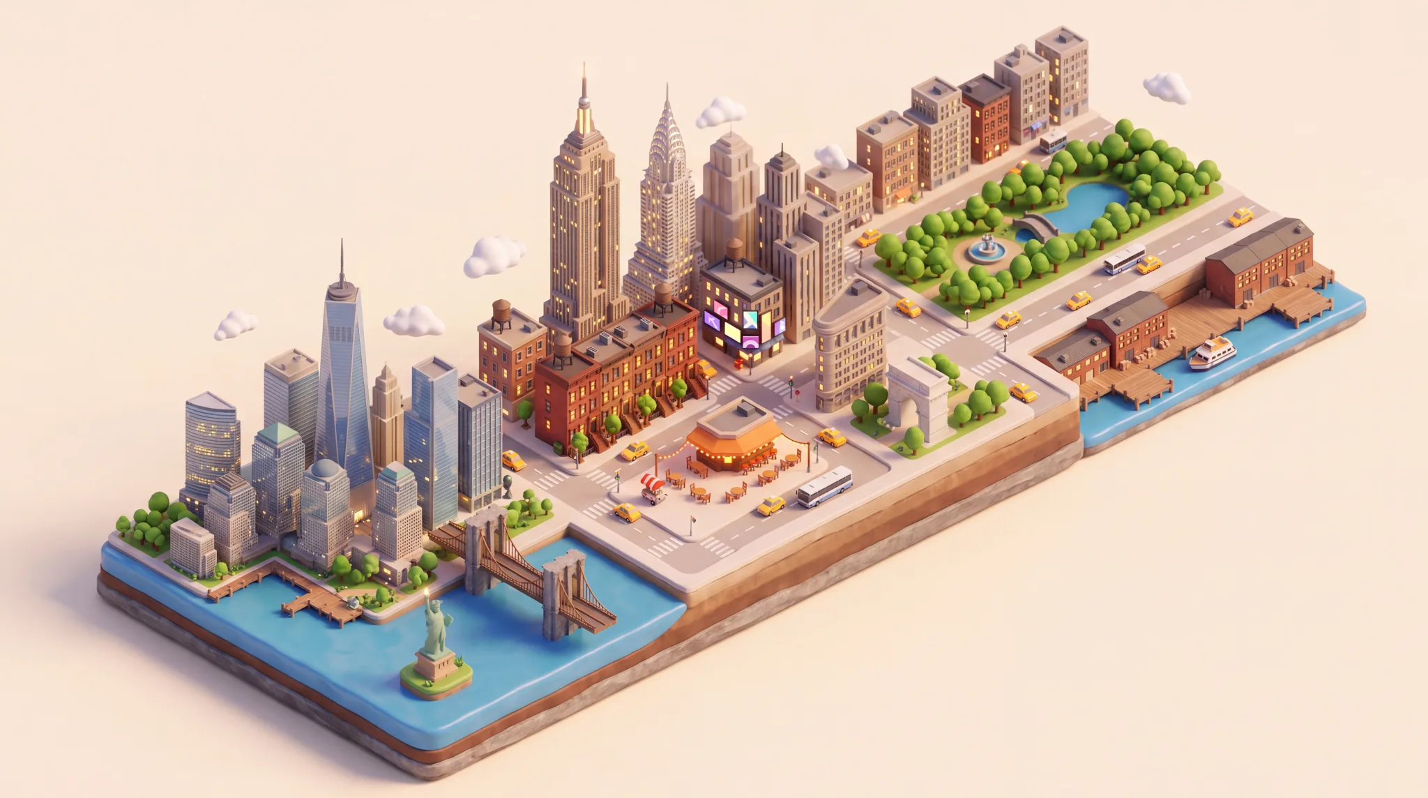 Manhattan as a little model on one long floating island: downtown's glass towers, the bridge, brownstones, the Empire State Building, a bar with an orange awning in the middle, the big park at the far end.